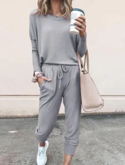 Women's Pajamas Pajama Top and Pant Sets Pure Color Fashion Casual Soft Home Daily Bed Breathable Crew Neck Long Sleeve T shirt Tee Pant Pocket Elastic Waist Summer Spring