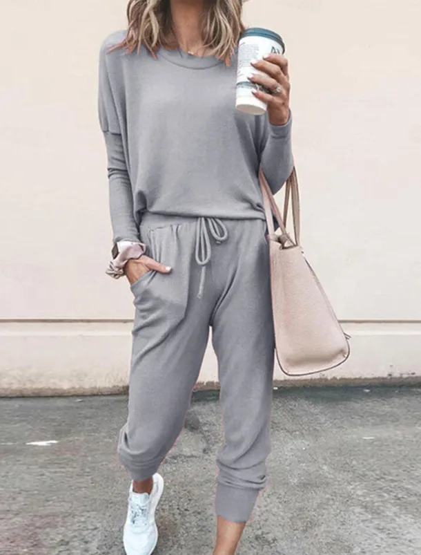 Women's Pajamas Pajama Top and Pant Sets Pure Color Fashion Casual Soft Home Daily Bed Breathable Crew Neck Long Sleeve T shirt Tee Pant Pocket Elastic Waist Summer Spring