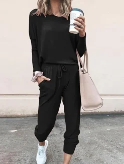 Women's Pajamas Pajama Top and Pant Sets Pure Color Fashion Casual Soft Home Daily Bed Breathable Crew Neck Long Sleeve T shirt Tee Pant Pocket Elastic Waist Summer Spring