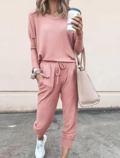 Women's Pajamas Pajama Top and Pant Sets Pure Color Fashion Casual Soft Home Daily Bed Breathable Crew Neck Long Sleeve T shirt Tee Pant Pocket Elastic Waist Summer Spring