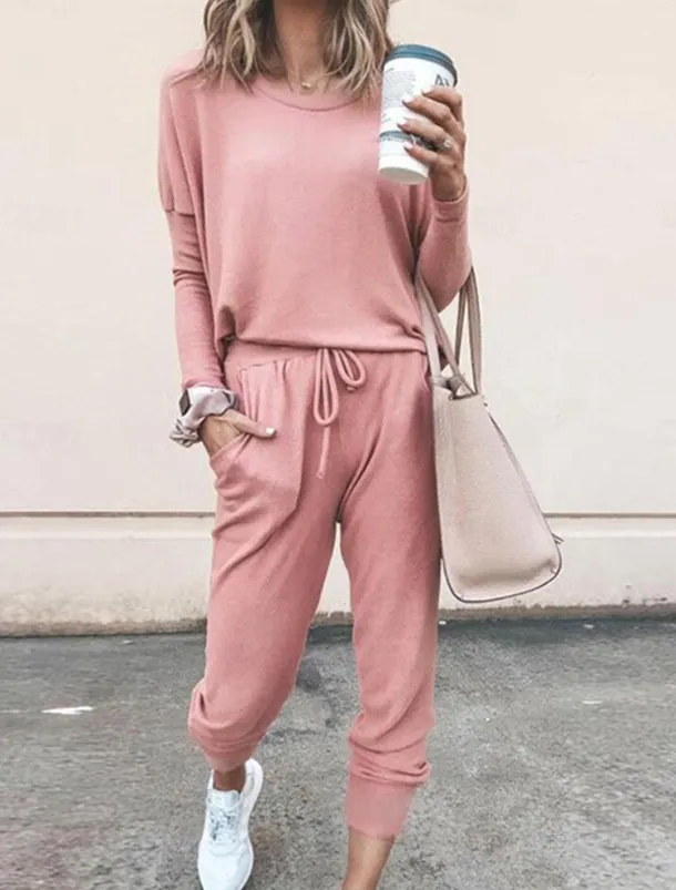 Women's Pajamas Pajama Top and Pant Sets Pure Color Fashion Casual Soft Home Daily Bed Breathable Crew Neck Long Sleeve T shirt Tee Pant Pocket Elastic Waist Summer Spring