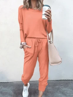 Women's Pajamas Pajama Top and Pant Sets Pure Color Fashion Casual Soft Home Daily Bed Breathable Crew Neck Long Sleeve T shirt Tee Pant Pocket Elastic Waist Summer Spring