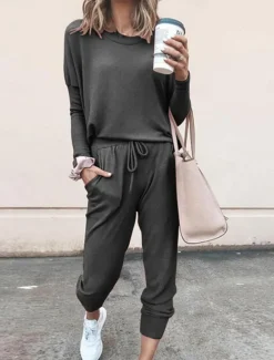 Women's Pajamas Pajama Top and Pant Sets Pure Color Fashion Casual Soft Home Daily Bed Breathable Crew Neck Long Sleeve T shirt Tee Pant Pocket Elastic Waist Summer Spring