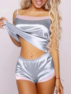 Women's Pajamas Pajama Top and Pant Sets Pure Color Fashion Casual Soft Home Daily Bed Satin Breathable Straps Sleeveless Strap Top Shorts Backless Summer Spring Home Outfits