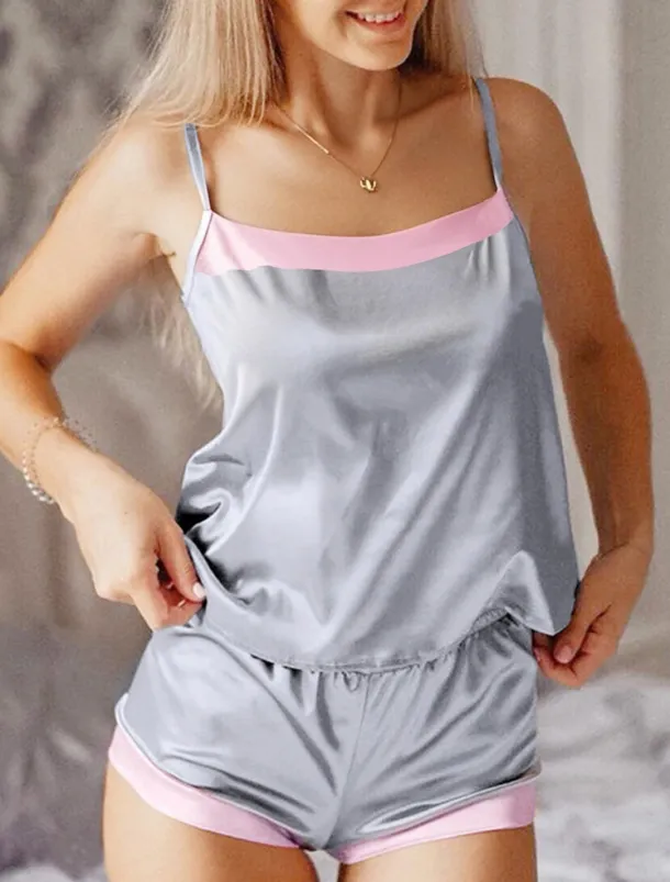 Women's Pajamas Pajama Top and Pant Sets Pure Color Fashion Casual Soft Home Daily Bed Satin Breathable Straps Sleeveless Strap Top Shorts Backless Summer Spring Home Outfits