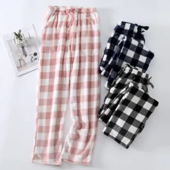 Women's Pajamas Pants Nighty Pjs 1 PCS Grid / Plaid Fashion Simple Comfort Party Home Bed Flannel Warm Breathable Long Pant Elastic Waist Print Pocket Fall Winter Home Outfits