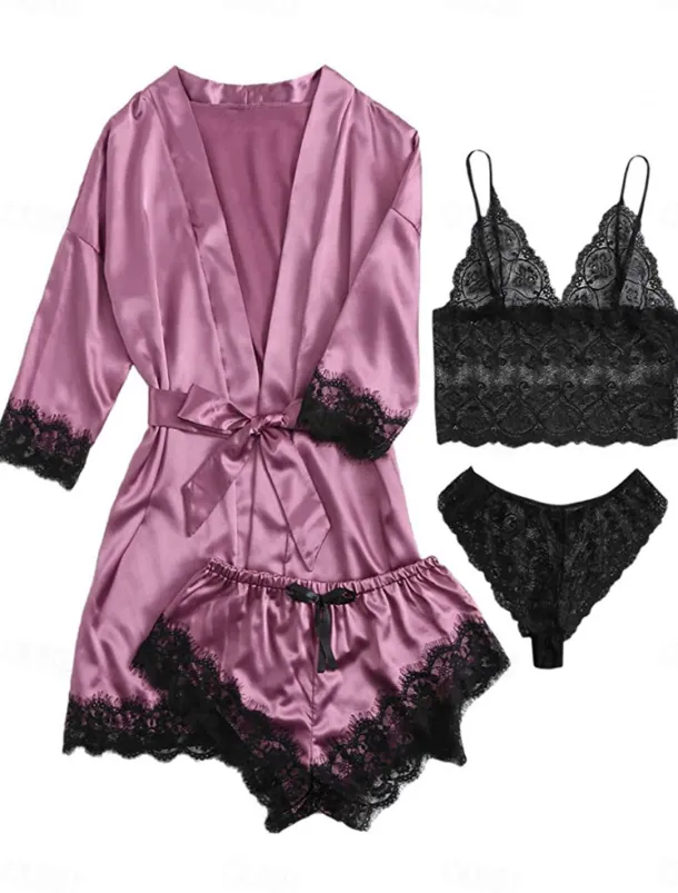 Women's Pajamas Sets 4 Pieces Pure Color Simple Casual Soft Home Daily Bed Satin Breathable V Wire Long Sleeve Shorts Summer Spring Home Outfits