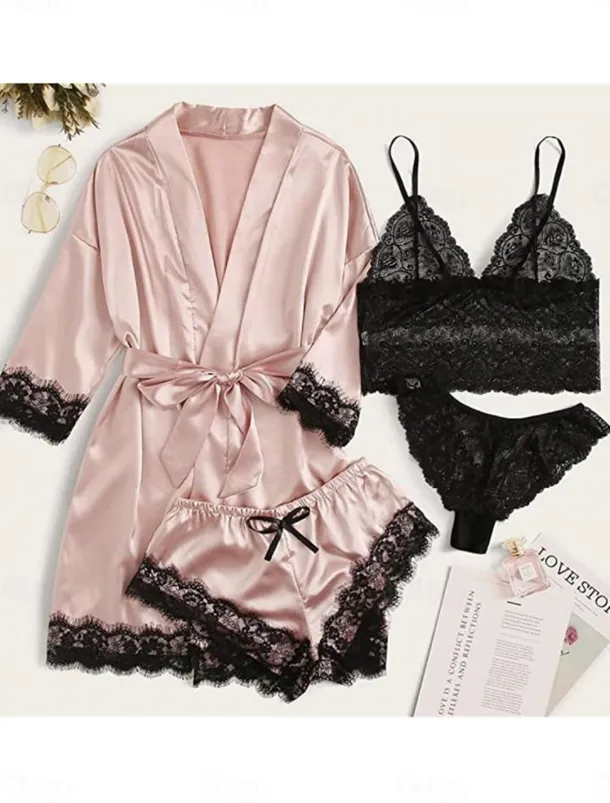 Women's Pajamas Sets 4 Pieces Pure Color Simple Casual Soft Home Daily Bed Satin Breathable V Wire Long Sleeve Shorts Summer Spring Home Outfits