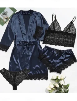 Women's Pajamas Sets 4 Pieces Pure Color Simple Casual Soft Home Daily Bed Satin Breathable V Wire Long Sleeve Shorts Summer Spring Home Outfits