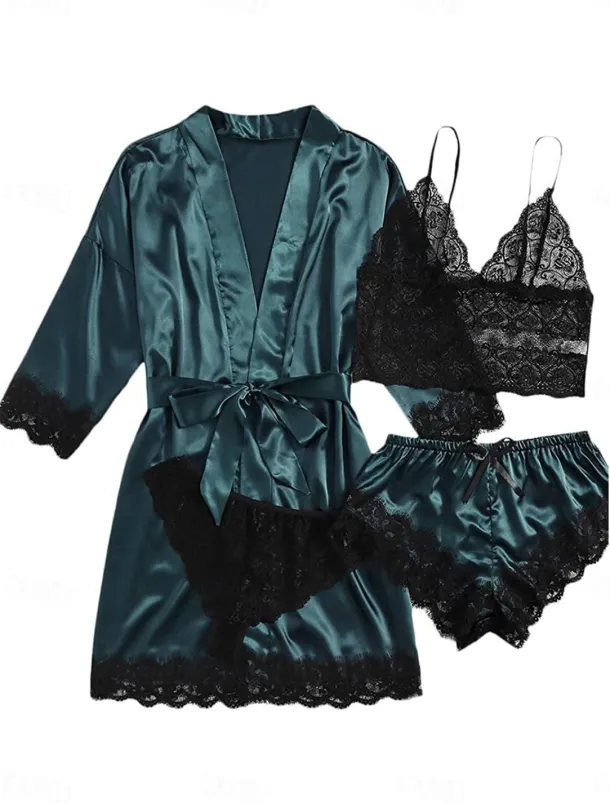 Women's Pajamas Sets 4 Pieces Pure Color Simple Casual Soft Home Daily Bed Satin Breathable V Wire Long Sleeve Shorts Summer Spring Home Outfits