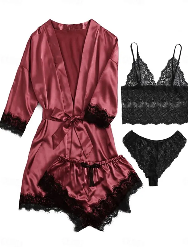 Women's Pajamas Sets 4 Pieces Pure Color Simple Casual Soft Home Daily Bed Satin Breathable V Wire Long Sleeve Shorts Summer Spring Home Outfits