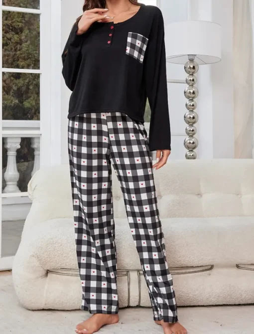 Women's Pajamas Sets Grid / Plaid Casual Comfort Home Bed Breathable Crew Neck Long Sleeve T shirt Tee Pant Button Pocket Fall Winter Home Outfits