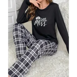 Women's Pajamas Sets Grid / Plaid Letter Fashion Comfort Home Daily Bed Breathable Crew Neck Long Sleeve T shirt Tee Pant Elastic Waist Fall Winter Home Outfits