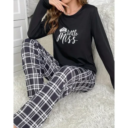 Women's Pajamas Sets Grid / Plaid Letter Fashion Comfort Home Daily Bed Breathable Crew Neck Long Sleeve T shirt Tee Pant Elastic Waist Fall Winter Home Outfits