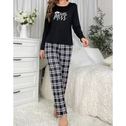 Women's Pajamas Sets Grid / Plaid Letter Fashion Comfort Home Daily Bed Breathable Crew Neck Long Sleeve T shirt Tee Pant Elastic Waist Fall Winter Home Outfits
