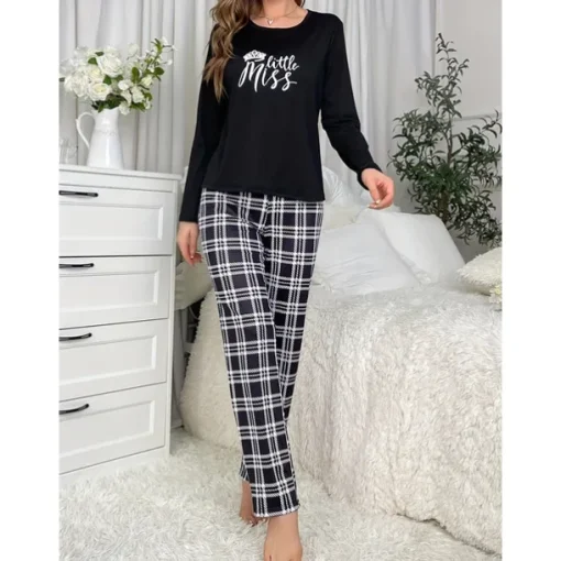 Women's Pajamas Sets Grid / Plaid Letter Fashion Comfort Home Daily Bed Breathable Crew Neck Long Sleeve T shirt Tee Pant Elastic Waist Fall Winter Home Outfits