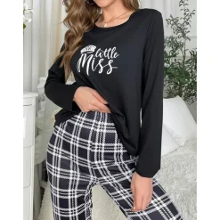 Women's Pajamas Sets Grid / Plaid Letter Fashion Comfort Home Daily Bed Breathable Crew Neck Long Sleeve T shirt Tee Pant Elastic Waist Fall Winter Home Outfits