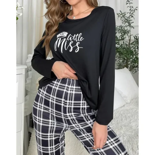 Women's Pajamas Sets Grid / Plaid Letter Fashion Comfort Home Daily Bed Breathable Crew Neck Long Sleeve T shirt Tee Pant Elastic Waist Fall Winter Home Outfits