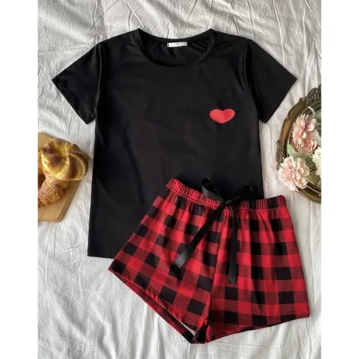 Women's Pajamas Sets Heart Grid / Plaid Fashion Comfort Home Daily Bed Breathable Crew Neck Short Sleeve T shirt Tee Shorts Elastic Waist Summer Spring Home Outfits