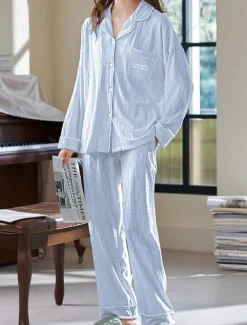 Women's Pajamas Sets Letter Casual Comfort Home Daily Bed Cotton Breathable Lapel Long Sleeve Shirt Pant Button Pocket Fall Winter Home Outfits