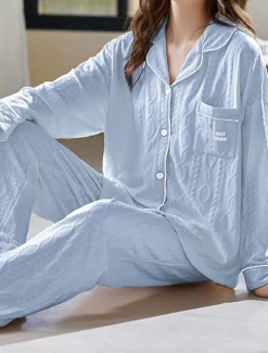 Women's Pajamas Sets Letter Casual Comfort Home Daily Bed Cotton Breathable Lapel Long Sleeve Shirt Pant Button Pocket Fall Winter Home Outfits