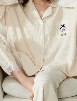 Women's Pajamas Sets Letter Casual Comfort Home Daily Bed Cotton Breathable Lapel Long Sleeve Shirt Pant Button Pocket Fall Winter Home Outfits