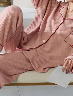 Women's Pajamas Sets Letter Casual Comfort Home Daily Bed Cotton Breathable Lapel Long Sleeve Shirt Pant Button Pocket Fall Winter Home Outfits