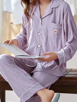 Women's Pajamas Sets Letter Casual Comfort Home Daily Bed Cotton Breathable Lapel Long Sleeve Shirt Pant Button Pocket Fall Winter Home Outfits
