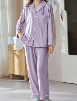 Women's Pajamas Sets Letter Casual Comfort Home Daily Bed Cotton Breathable Lapel Long Sleeve Shirt Pant Button Pocket Fall Winter Home Outfits