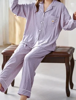 Women's Pajamas Sets Letter Casual Comfort Home Daily Bed Cotton Breathable Lapel Long Sleeve Shirt Pant Button Pocket Fall Winter Home Outfits