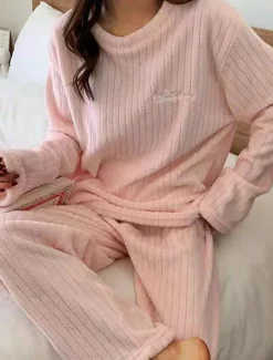 Women's Pajamas Sets Letter Plush Casual Comfort Home Daily Bed Coral Fleece Coral Velvet Warm Crew Neck Long Sleeve Pullover Pant Elastic Waist Fall Winter Light Pink White Home Outfits