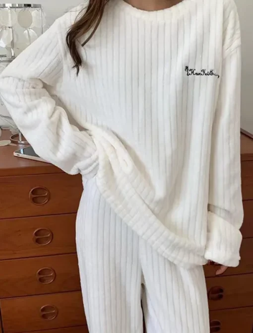 Women's Pajamas Sets Letter Plush Casual Comfort Home Daily Bed Coral Fleece Coral Velvet Warm Crew Neck Long Sleeve Pullover Pant Elastic Waist Fall Winter Light Pink White Home Outfits
