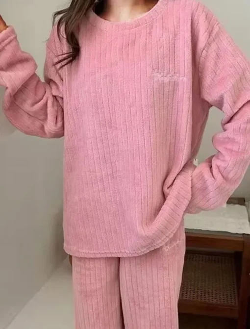 Women's Pajamas Sets Letter Plush Casual Comfort Home Daily Bed Coral Fleece Coral Velvet Warm Crew Neck Long Sleeve Pullover Pant Elastic Waist Fall Winter Light Pink White Home Outfits