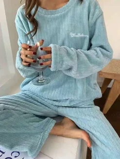 Women's Pajamas Sets Letter Plush Casual Comfort Home Daily Bed Coral Fleece Coral Velvet Warm Crew Neck Long Sleeve Pullover Pant Elastic Waist Fall Winter Light Pink White Home Outfits