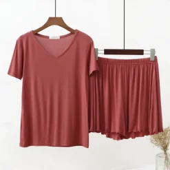 Women's Pajamas Sets Pure Color Fashion Comfort Home Daily Bed Modal Breathable V Wire Short Sleeve T shirt Tee Shorts Elastic Waist Summer Spring Home Outfits