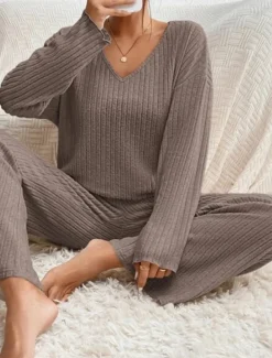 Women's Pajamas Sets Pure Color Fashion Comfort Home Daily Bed Knit Breathable V Wire Long Sleeve Pant Elastic Waist Spring Fall Black Camel Home Outfits