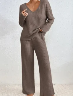 Women's Pajamas Sets Pure Color Fashion Comfort Home Daily Bed Knit Breathable V Wire Long Sleeve Pant Elastic Waist Spring Fall Black Camel Home Outfits