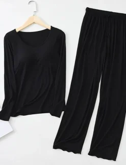 Women's Pajamas Sets Pure Color Casual Comfort Home Bed Modal Breathable Crew Neck Long Sleeve Shirt Pant Fall Winter Home Outfits
