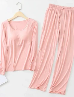 Women's Pajamas Sets Pure Color Casual Comfort Home Bed Modal Breathable Crew Neck Long Sleeve Shirt Pant Fall Winter Home Outfits