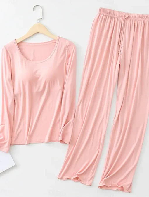 Women's Pajamas Sets Pure Color Casual Comfort Home Bed Modal Breathable Crew Neck Long Sleeve Shirt Pant Fall Winter Home Outfits