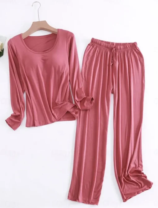 Women's Pajamas Sets Pure Color Casual Comfort Home Bed Modal Breathable Crew Neck Long Sleeve Shirt Pant Fall Winter Home Outfits