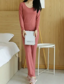 Women's Pajamas Sets Pure Color Casual Comfort Home Bed Modal Breathable Crew Neck Long Sleeve Shirt Pant Fall Winter Home Outfits