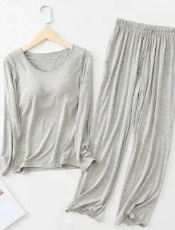 Women's Pajamas Sets Pure Color Casual Comfort Home Bed Modal Breathable Crew Neck Long Sleeve Shirt Pant Fall Winter Home Outfits