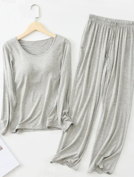 Women's Pajamas Sets Pure Color Casual Comfort Home Bed Modal Breathable Crew Neck Long Sleeve Shirt Pant Fall Winter Home Outfits