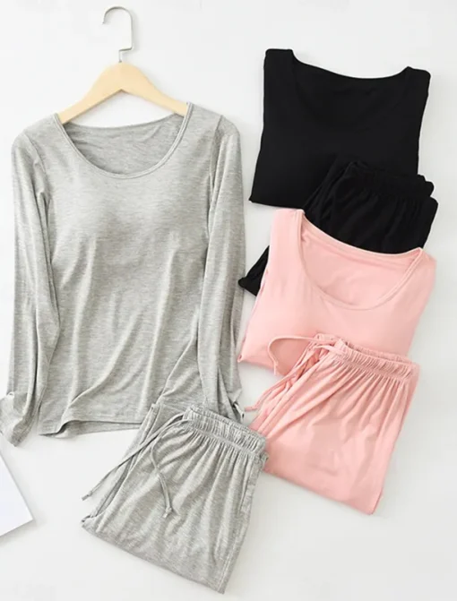 Women's Pajamas Sets Pure Color Casual Comfort Home Bed Modal Breathable Crew Neck Long Sleeve Shirt Pant Fall Winter Home Outfits