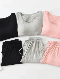 Women's Pajamas Sets Pure Color Casual Comfort Home Bed Modal Breathable Crew Neck Long Sleeve Shirt Pant Fall Winter Home Outfits