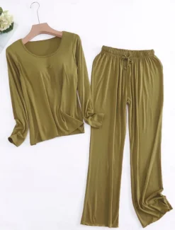 Women's Pajamas Sets Pure Color Casual Comfort Home Bed Modal Breathable Crew Neck Long Sleeve Shirt Pant Fall Winter Home Outfits