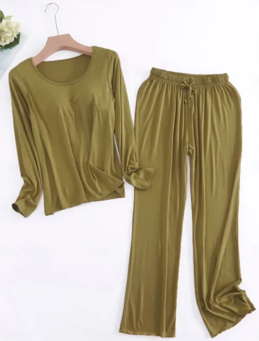 Women's Pajamas Sets Pure Color Casual Comfort Home Bed Modal Breathable Crew Neck Long Sleeve Shirt Pant Fall Winter Home Outfits