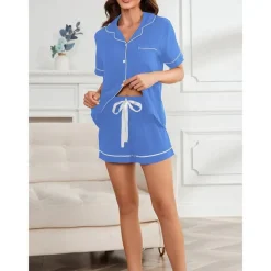 Women's Pajamas Sets Pure Color Fashion Comfort Home Daily Bed Rayon Breathable Lapel Short Sleeve Shirt Shorts Button Pocket Summer Spring Home Outfits
