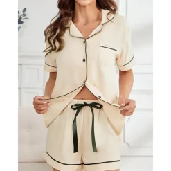 Women's Pajamas Sets Pure Color Fashion Comfort Home Daily Bed Rayon Breathable Lapel Short Sleeve Shirt Shorts Button Pocket Summer Spring Home Outfits